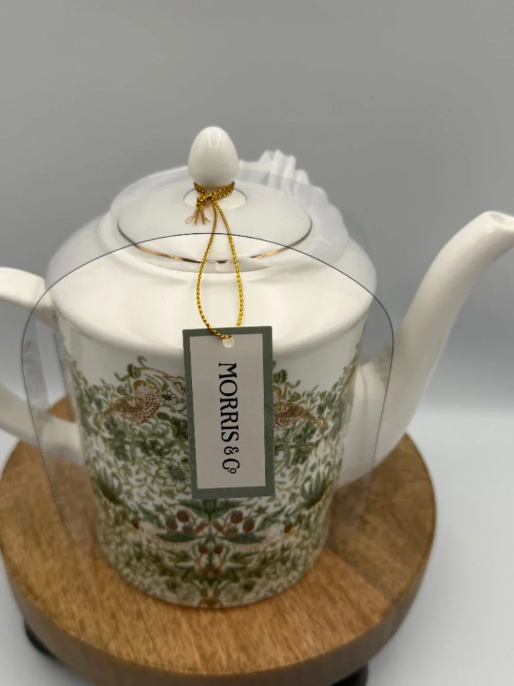 William Morris & Co Strawberry Thief White Porcelain Teapot Birds Green Tan NIP